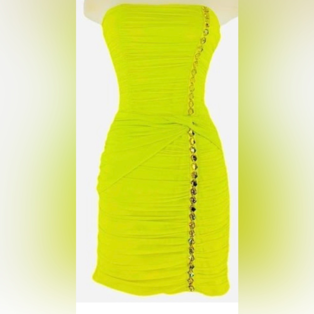 BEBE JAIDEN JEWELLED NEON YELLOW MINI STRAPLESS DRESS SIZE M